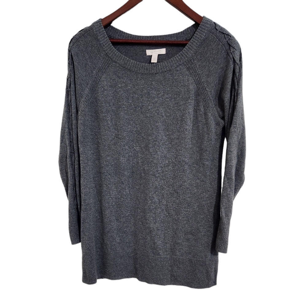 LC Lauren Conrad Knit Sweater Braided Sleeve Petite Small Gray